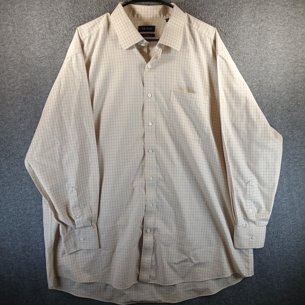 EB Wood Dress Shirt Men 18.5/34-35 Button Up‎ Tan Pocket Non-Iron Checkered